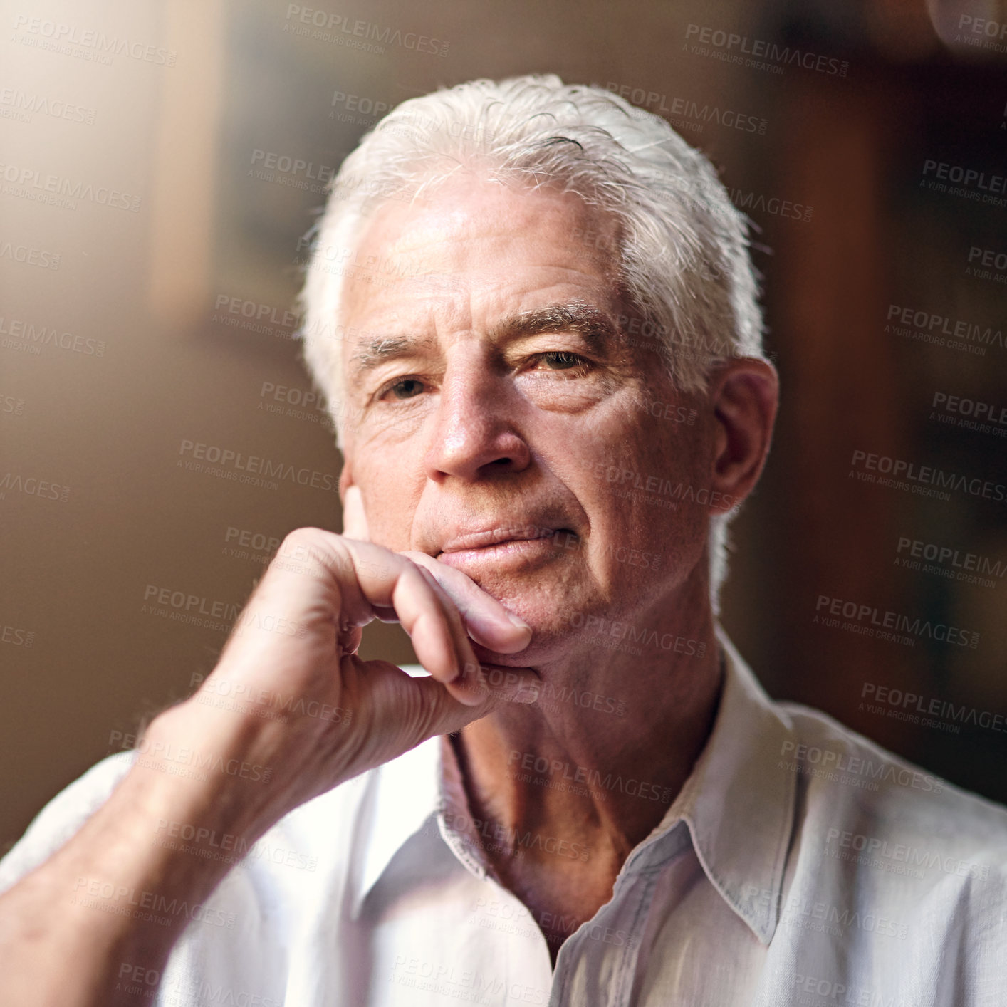 Buy stock photo Thinking, anxiety and portrait of senior man in home living room to remember memory, stress or reflection of future decision. Doubt, face and person with alzheimer, depression or worry for retirement