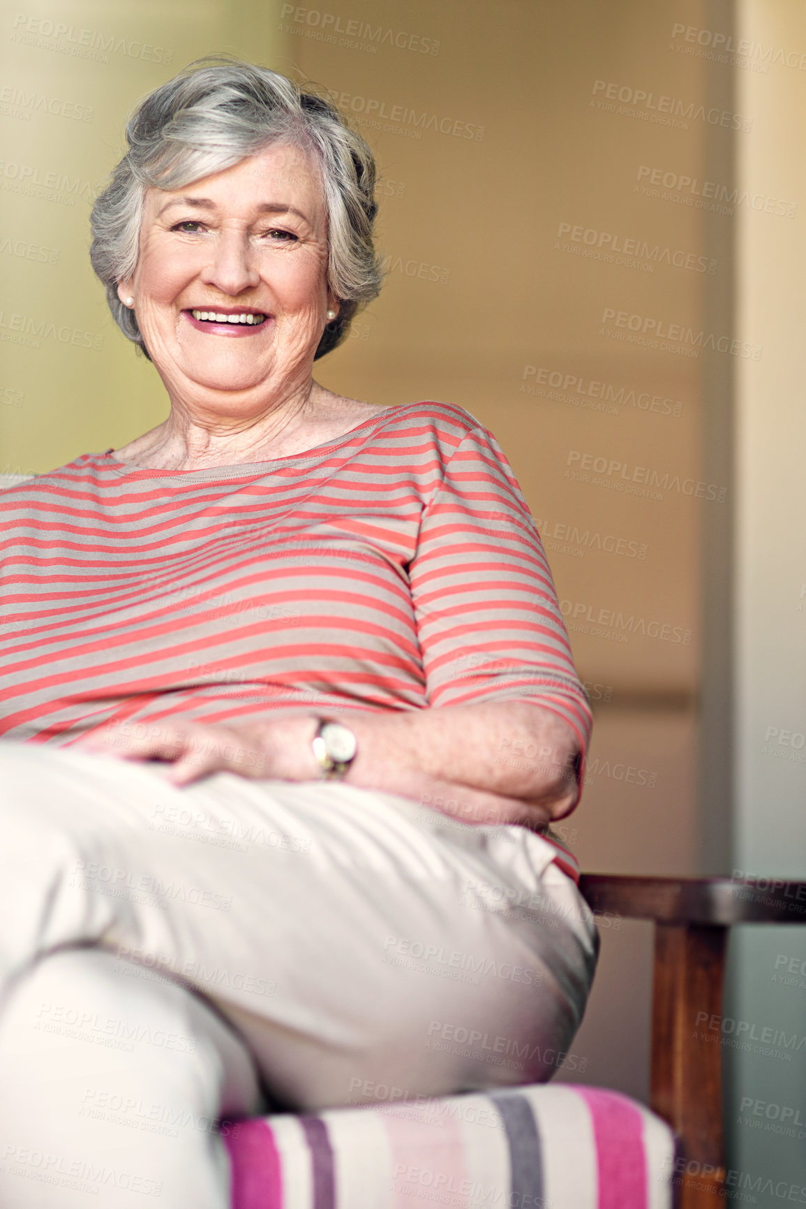 Buy stock photo Senior woman, home and portrait with smile for retirement or pension to relax, break and chill. Elderly person, happy and confident or proud and satisfied in positivity as pensioner, cheerful or joy