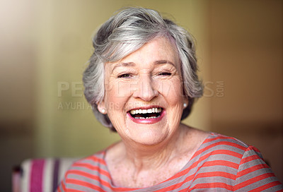 Buy stock photo Portrait, nursing home and happy senior woman in living room, laughing in house or relax in retirement. Elderly lady, happiness and healthy person laughing at funny, joke or freedom of retired life