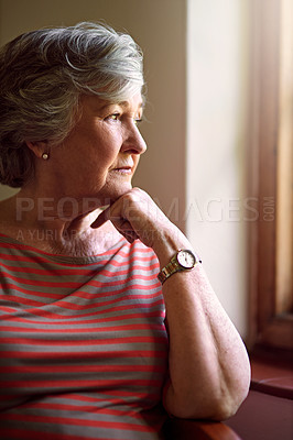 Buy stock photo Senior woman, worried and think at window for memory, idea or home on living room sofa. Elderly lady, remember and thinking for decision, depression or retirement with fear, anxiety and lounge chair