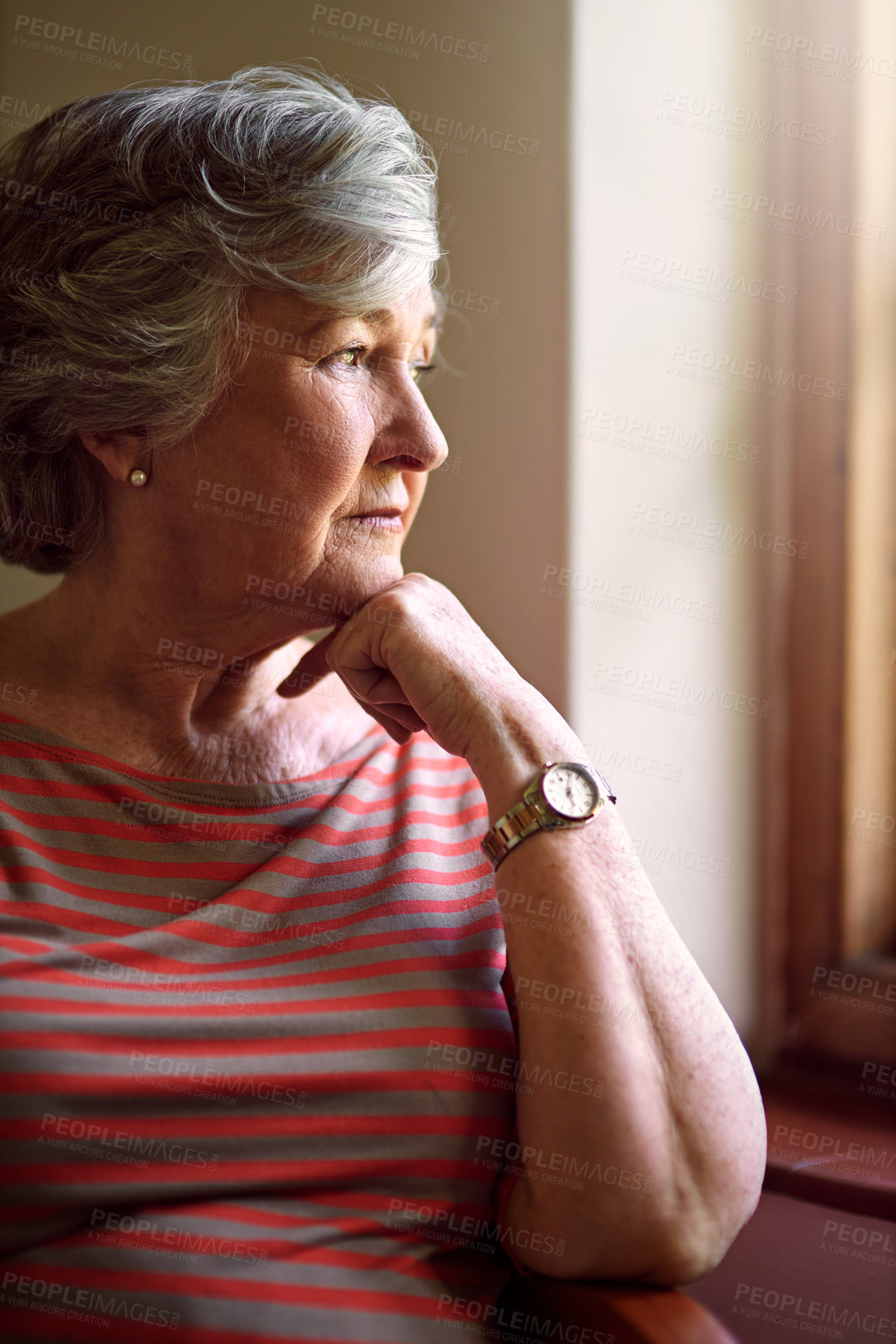 Buy stock photo Senior woman, worried and think at window for memory, idea or home on living room sofa. Elderly lady, remember and thinking for decision, depression or retirement with fear, anxiety and lounge chair