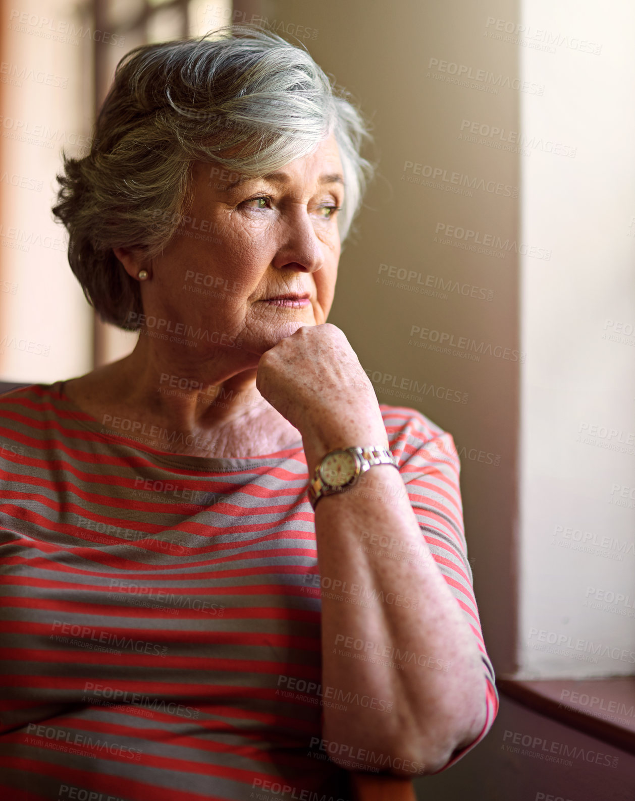 Buy stock photo Senior woman, sad and thinking at window for memory, ideas and home on living room sofa. Elderly lady, remember and worry with decision, mental health and retirement on lounge chair, fear and anxiety
