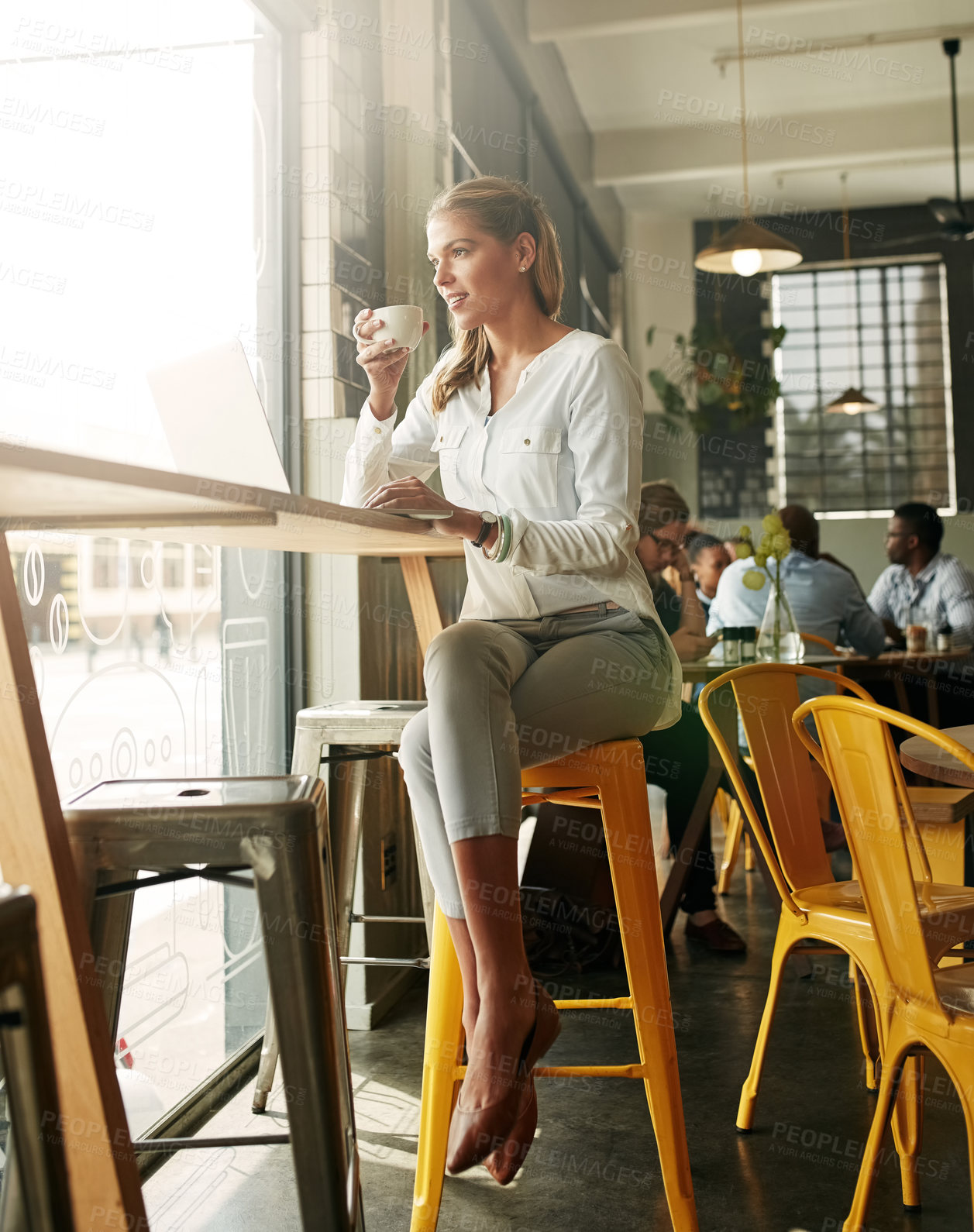 Buy stock photo Woman, laptop and tea for news at cafe, freelancer and website for article research. Female person, restaurant and reporter to review bistro service or hospitality, typing column and espresso cup