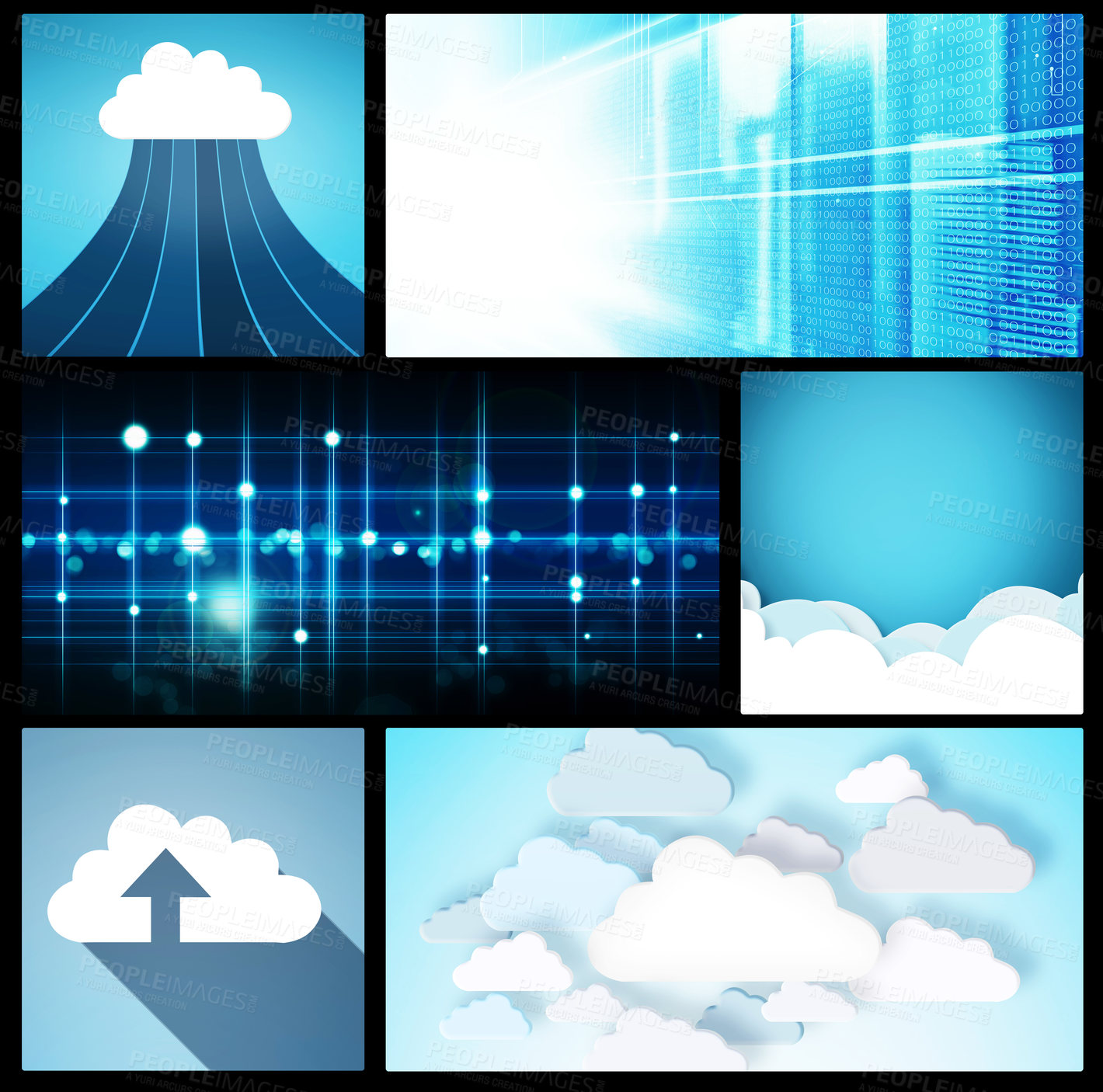 Buy stock photo Collage, futuristic and digital for big data, information and cybersecurity in cloud computing. Composite, web storage and illustration as download, system and code in technology, metaverse or crypto