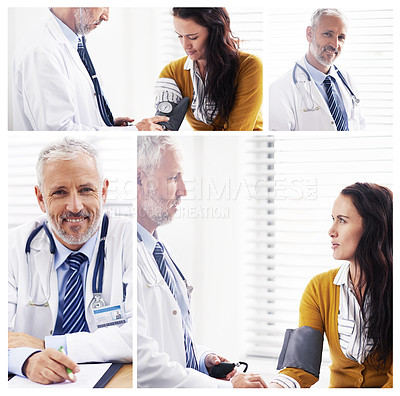 Buy stock photo Composite image of a mature doctor and a female patient