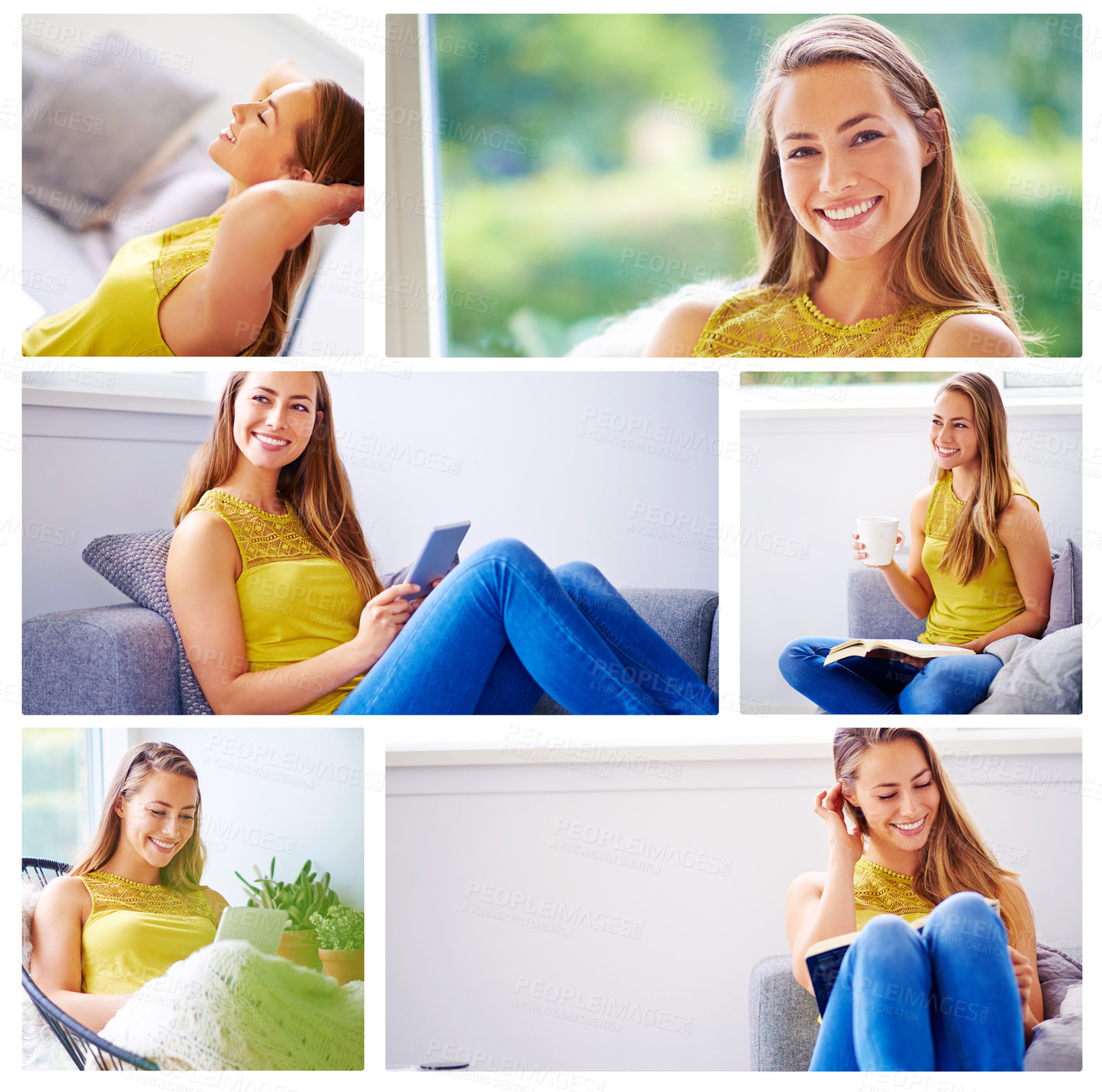 Buy stock photo Composite image of an attractive young woman relaxing at home