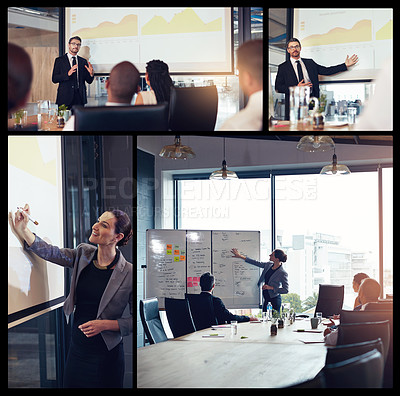Buy stock photo Composite image of a businesspeople giving presentations in the boardroom