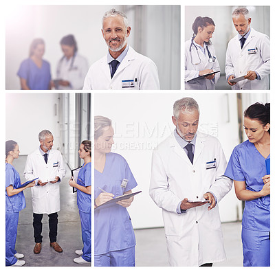 Buy stock photo Composite image of doctors in the hospital corridor
