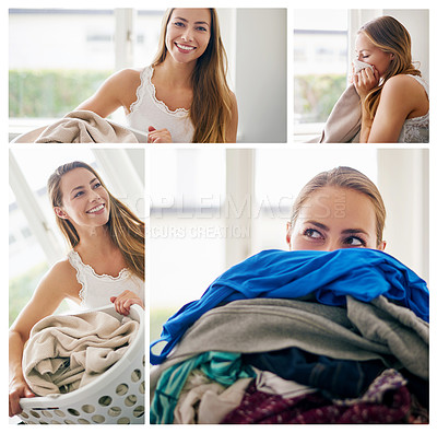 Buy stock photo Composite image of a young woman doing laundry at home