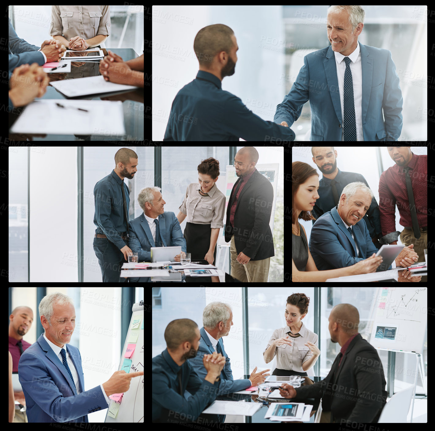 Buy stock photo Collage, office and business people for teamwork in meeting, discussion and brainstorming. Corporate company, professional and montage of workers with tech for planning, handshake and collaboration