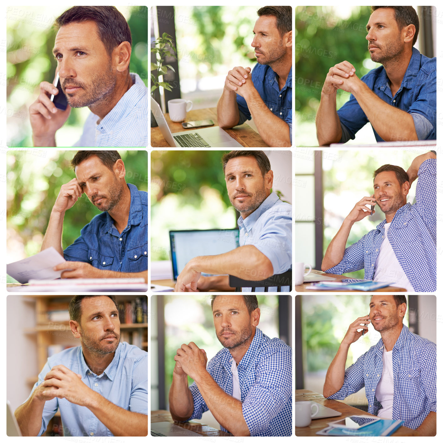 Buy stock photo Remote work, man and collage in home for business, connectivity and productivity for company growth. Accountant, tech or thinking at desk for planning, finance or brainstorming for career development