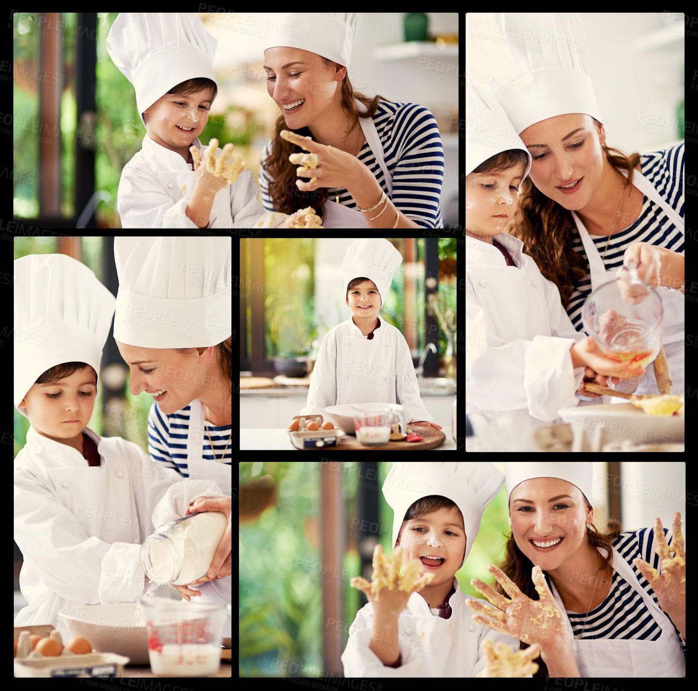 Buy stock photo Mother, child and collage with ingredients for baking, culinary or hospitality together at home. Young, mom and kid with smile in montage for dessert, flour or batter with smile for cooking or mixing