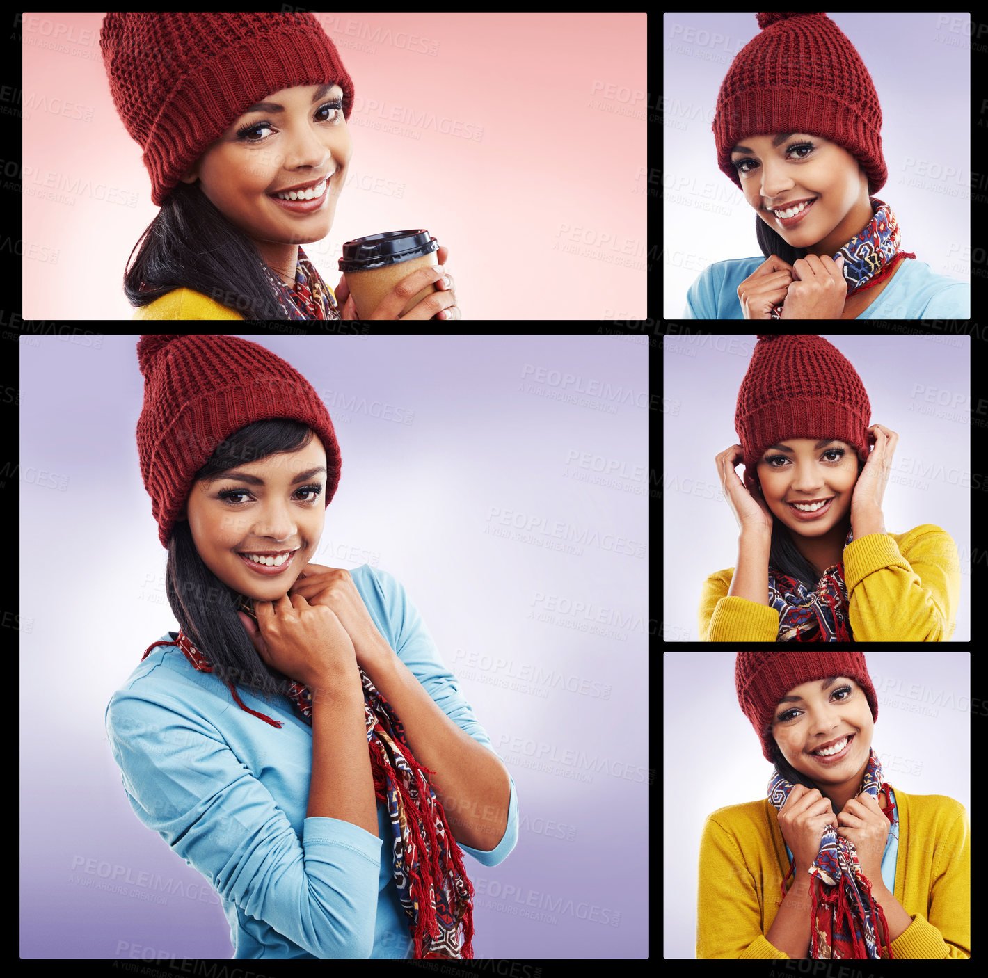 Buy stock photo Collage, happy woman and portrait with winter fashion, style or clothes for pride or confidence. Female person, happiness and outfit on studio background in composite as model, designer and diy craft