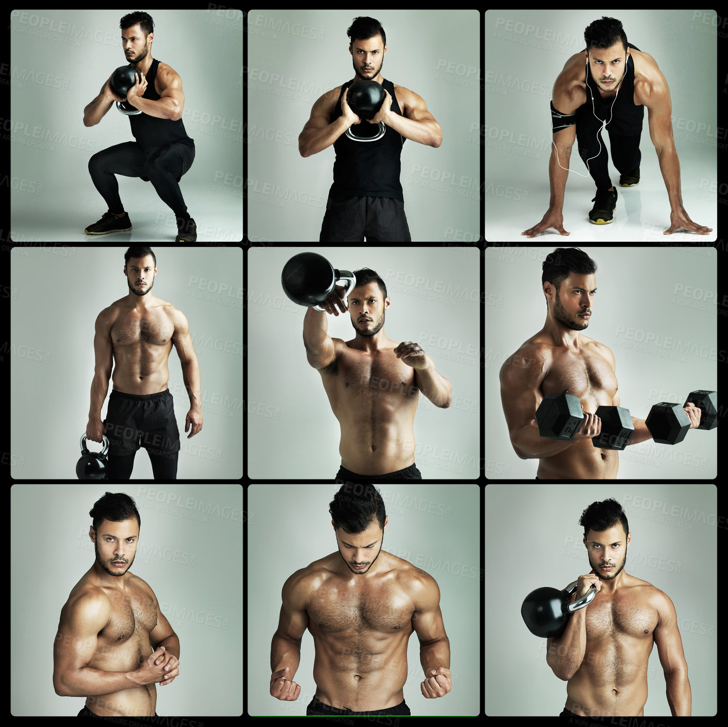 Buy stock photo Composite of a muscular young man working out in the studio