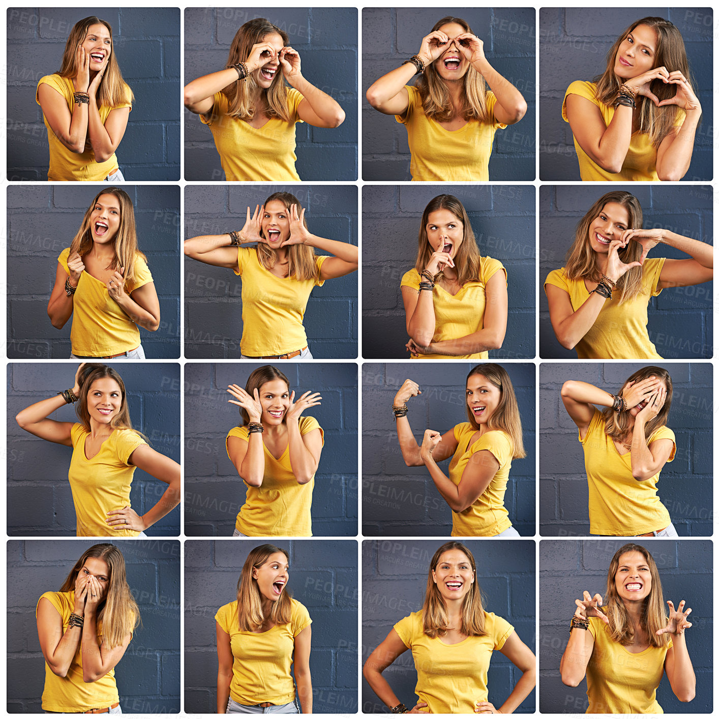 Buy stock photo Composite image of an attractive young woman doing various poses in the studio