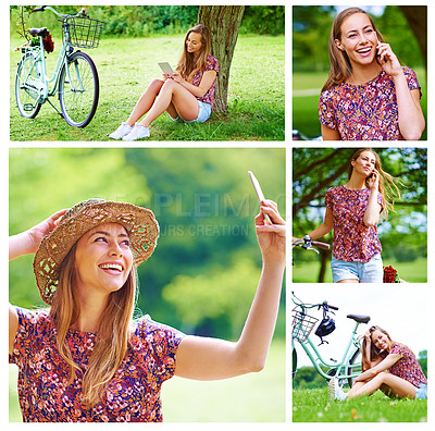 Buy stock photo Composite image of an attractive young woman relaxing in the park