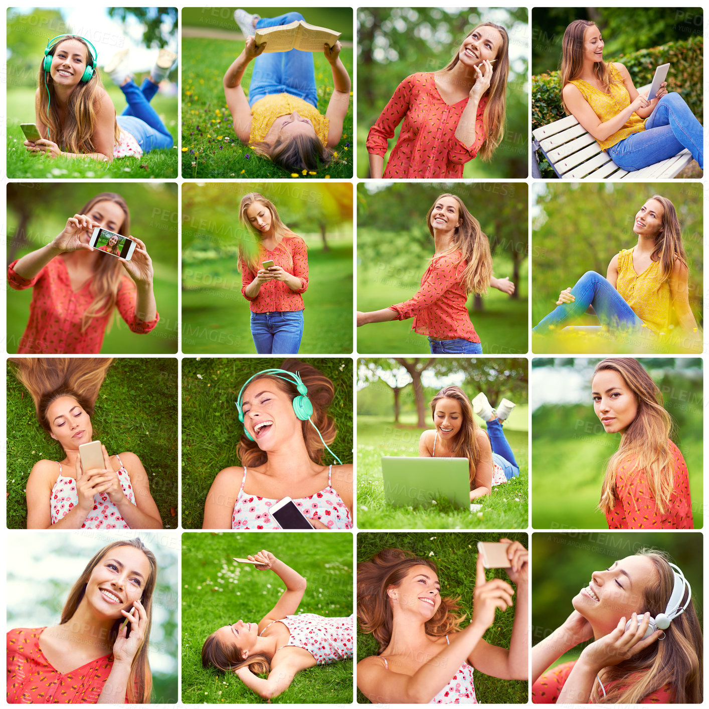 Buy stock photo Collage, woman and relax at park for summer, holiday or listen to music on headphones with tablet. Composite, outdoor and happy girl in garden on phone call, selfie or reading book on laptop on grass