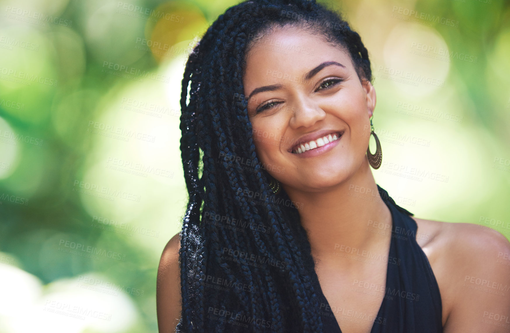 Buy stock photo Portrait, girl and dreadlocks for haircare outdoor with organic shampoo, natural styling and frizz control. Smile, woman and braids for beauty, strong texture and growth wellness of maintenance care