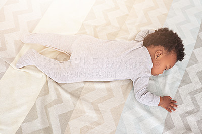 Buy stock photo Top view, bedroom and baby sleeping in home for rest, nap time and dreaming in nursery blanket. Childcare, newborn and above of cute, tired and African child in bed sleep for comfort, relax and calm