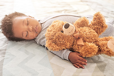 Buy stock photo Sleeping, teddy bear and newborn with baby in bedroom for comfort, development and innocence. Dreaming, relax and comfortable with tired African infant and toy at home for morning, rest and bedtime