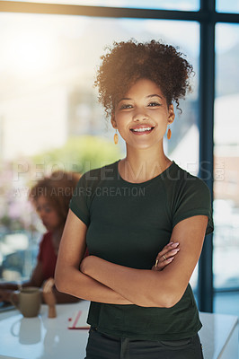 Buy stock photo Portrait of a young designer with her colleague blurred in the background