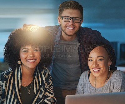 Buy stock photo Cropped portrait of a group of young people working late in the office