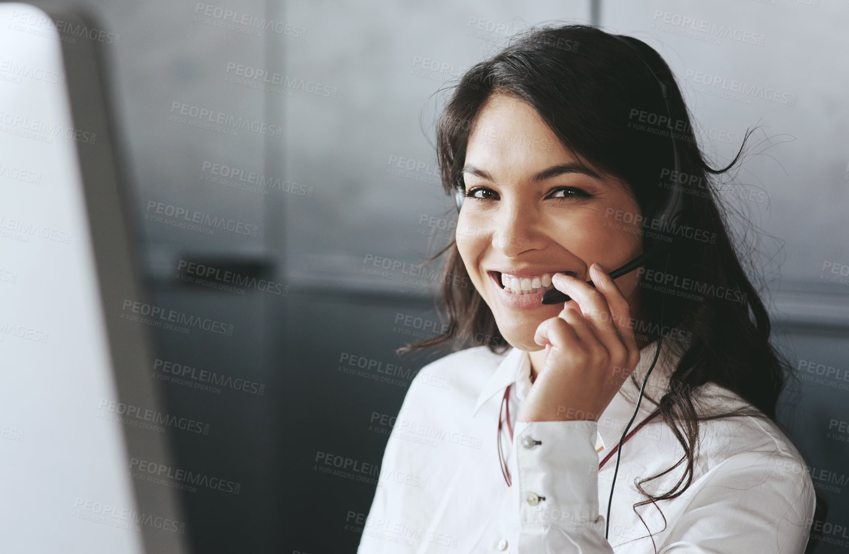 Buy stock photo Business woman, portrait and telemarketing employee with a smile doing crm consulting. Call center, customer service and young female person working on a web support consultation with happiness