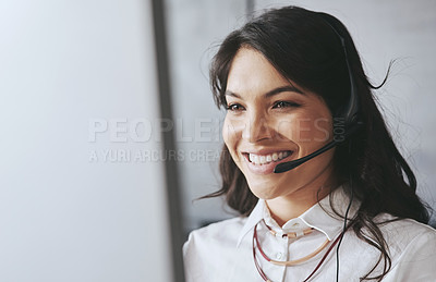 Buy stock photo Business woman, face and contact us employee with a smile and consulting on a crm call. Communication, customer service and young female person working in a web support call center with a smile
