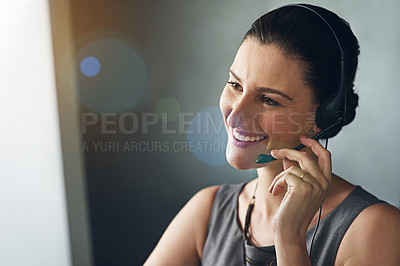 Buy stock photo Call center microphone, woman or happy at computer for customer service, lead generation or product assistance. Bokeh, friendly telesales representative or headset for online support or telemarketing