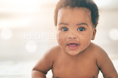 Buy stock photo Cute baby, black kid and happy portrait with bokeh, mockup and space in nursery room, happiness and relax. Young infant child, girl and smile of healthy development, growth and adorable face in house