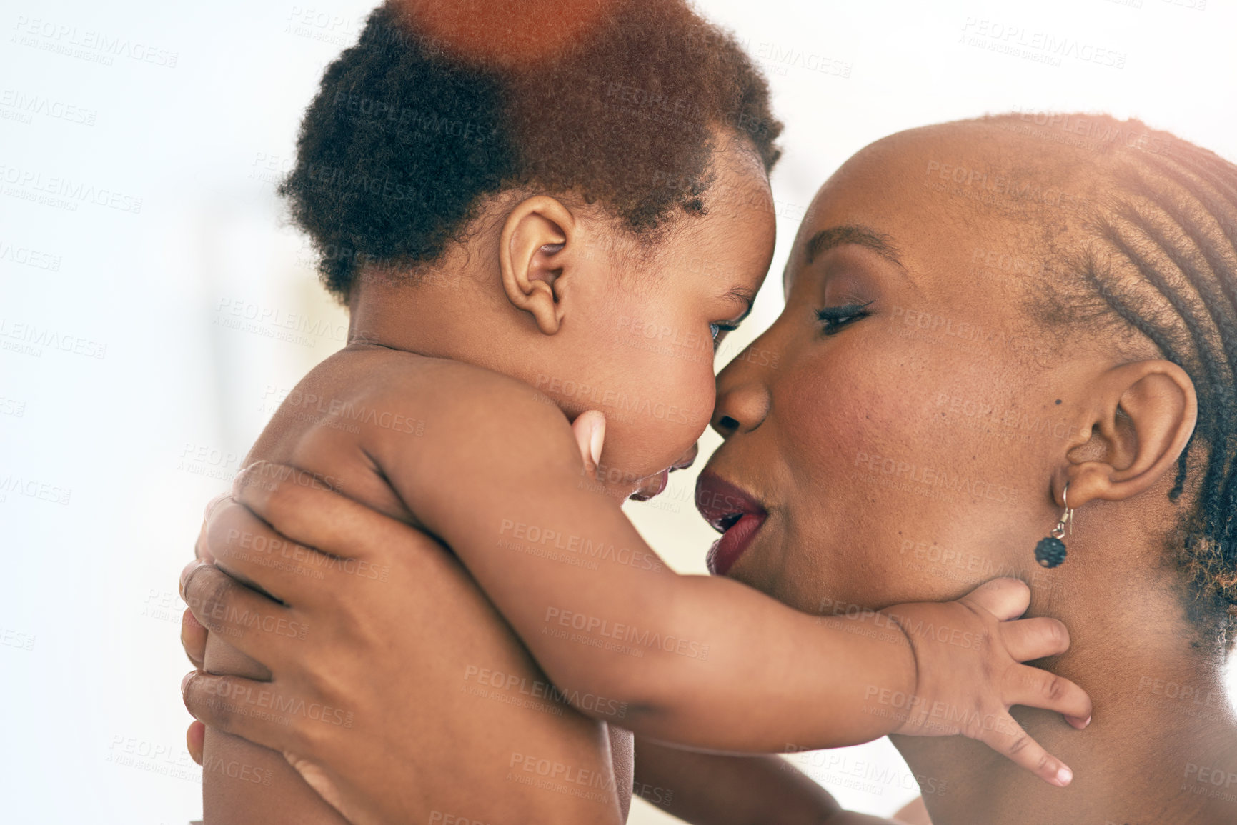 Buy stock photo Happy, touch and nose with mother and baby for bonding, affectionate and connection in family home. Kindness, happiness and smile with black woman holding child for positive, growth and support