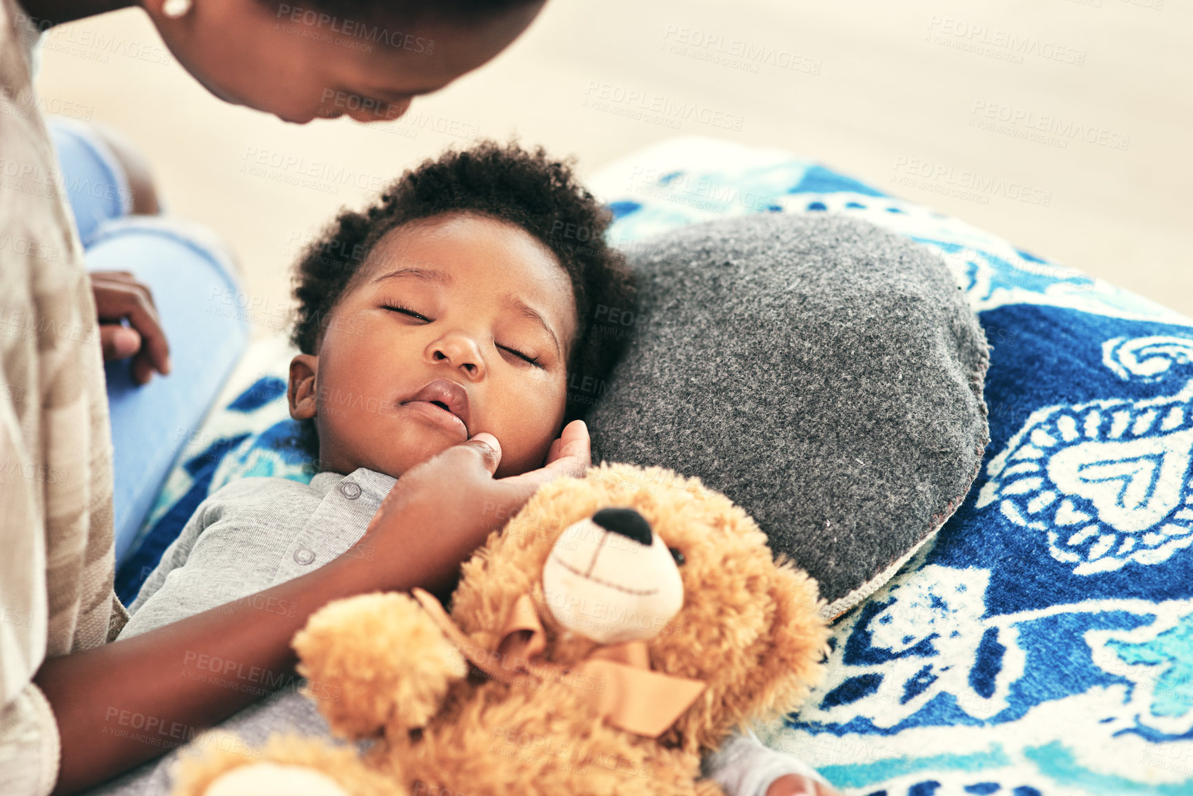 Buy stock photo Baby, tired and sleeping with teddy bear in bedroom for child development, comfortable and calm. Black family, boy kid and mother with dreaming in nursery for growth, peace and resting at home
