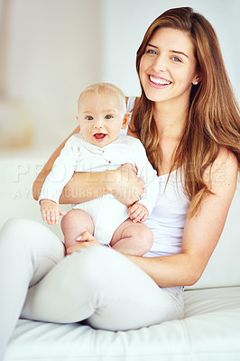 Buy stock photo Love, portrait and smile of mother with baby in bedroom of home for bonding, family or security. Child development, hug or wellness with mother and happy infant on bed in apartment for safety