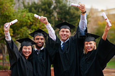 Buy stock photo Portrait, graduation and success with student friends outdoor on campus for university event. Certificate, motivation and achievement with young men and women graduate at college for education