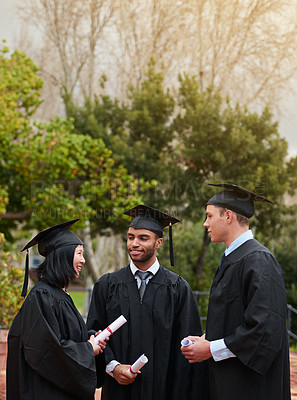 Buy stock photo Graduation, conversation and student friends on campus together for university or college education. Smile, happy or talking with group of graduate men and women outdoor at school for scholarship