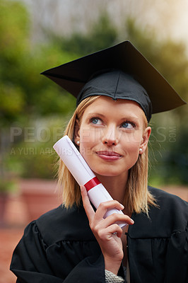 Buy stock photo Graduation, certificate and future with student woman outdoor on campus for university or college event. Thinking, planning and vision with young graduate at school for education or scholarship
