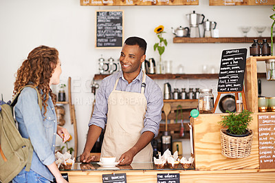 Buy stock photo Coffee, smile and barista serving woman in bakery, cafe or deli for small business retail or food industry. Diversity, startup or bistro and man server or waiter in restaurant with customer for order