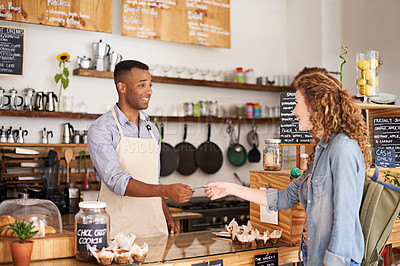 Buy stock photo Credit card, barista man and customer at a coffee shop with a payment and cafe worker. Restaurant, male service employee and female person paying for drink at checkout with waiter and smile in store