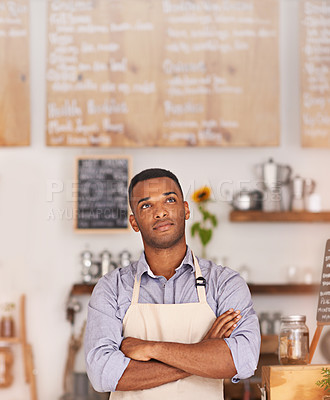 Buy stock photo Cafe shop, black person and entrepreneur thinking of small business as barista, professional and owner. Man, standing and thoughtful of idea for startup of store in food industry of Cape Town
