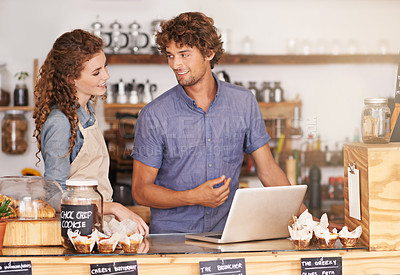 Buy stock photo Laptop, collaboration in coffee shop with man and woman small business owner team planning for opening. Computer, smile and teamwork with people together in startup cafe for strategy or discussion