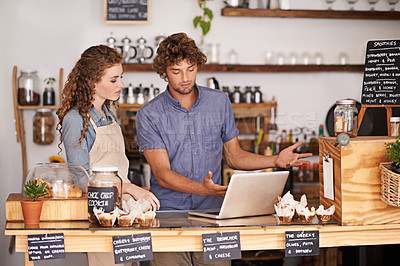 Buy stock photo Laptop, bakery and small business people with website for social media ideas, planning and advice of startup. Young woman and man confused or questions on computer for e commerce registration of cafe