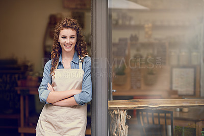 Buy stock photo Retail, arms crossed and portrait of woman at restaurant, small business or waitress of coffee shop. Happy female entrepreneur smile at space of front door of cafe, diner and welcome to food industry