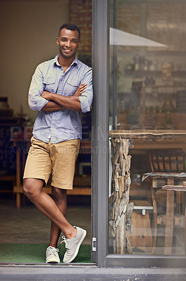 Buy stock photo Coffee shop, black man and portrait of small business owner at door of retail startup. Entrepreneur, male person and manager of professional store with a smile for service, career pride and goals