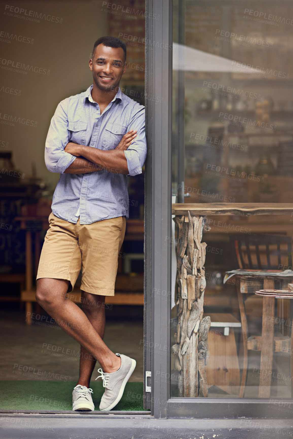 Buy stock photo Coffee shop, black man and portrait of small business owner at door of retail startup. Entrepreneur, male person and manager of professional store with a smile for service, career pride and goals