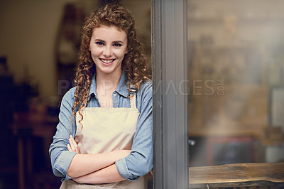 Buy stock photo Smile, arms crossed and portrait of woman at restaurant for small business, coffee shop or waiter. Entrepreneur, happy and space with female barista at front door of cafe for diner in food industry