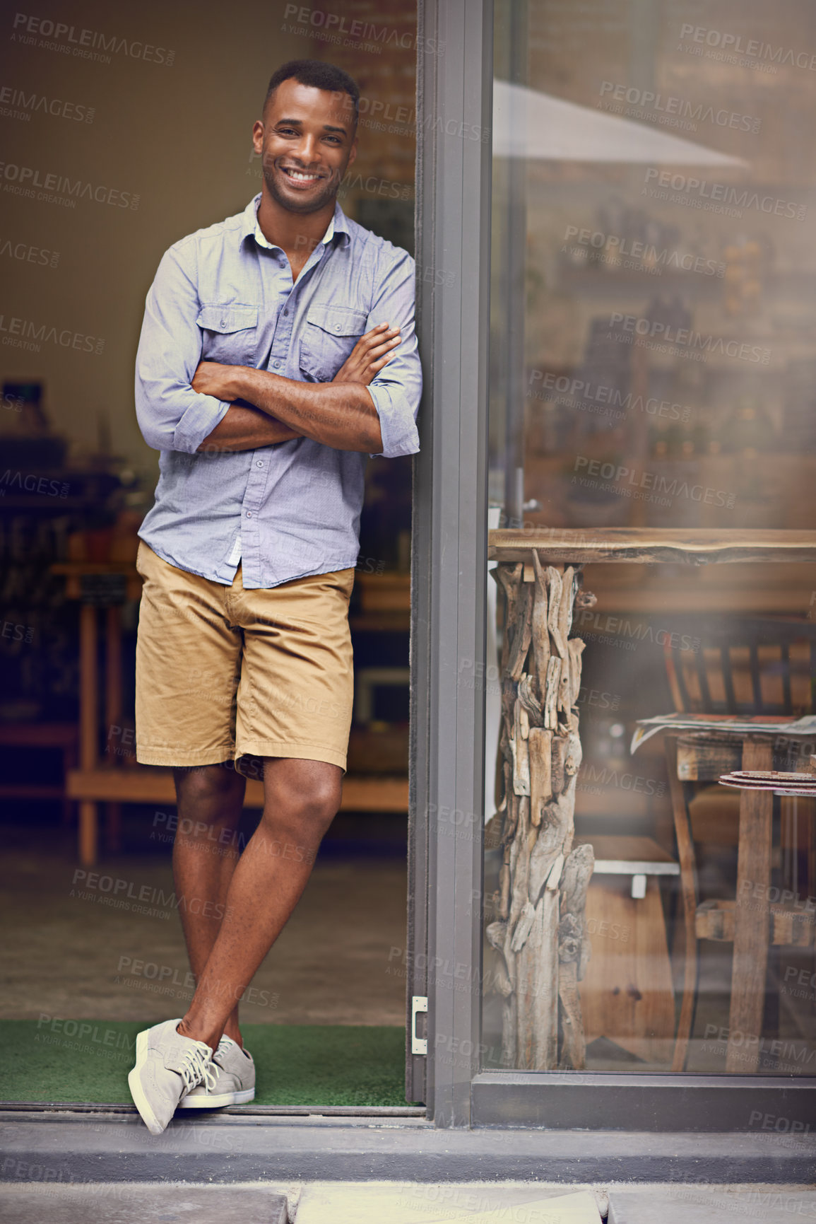 Buy stock photo Black man, coffee shop and portrait of small business owner at front door with a smile. Entrepreneur african person as manager in a restaurant for hospitality service, career pride and startup goals