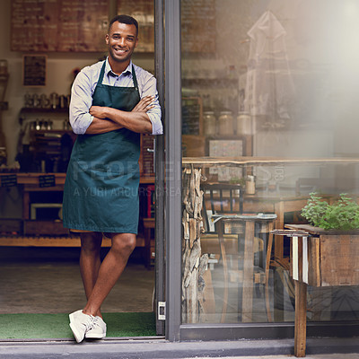 Buy stock photo Smile, coffee shop and portrait of a man as small business owner at front door. Happy entrepreneur person as barista, manager or waiter in restaurant for service, career pride and startup goal