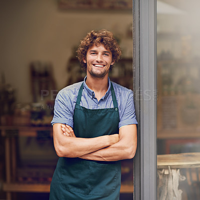 Buy stock photo Retail, arms crossed and portrait of man at restaurant for small business, coffee shop and waiter. Entrepreneur, happy and smile with male barista at front door of cafe for diner and food industry
