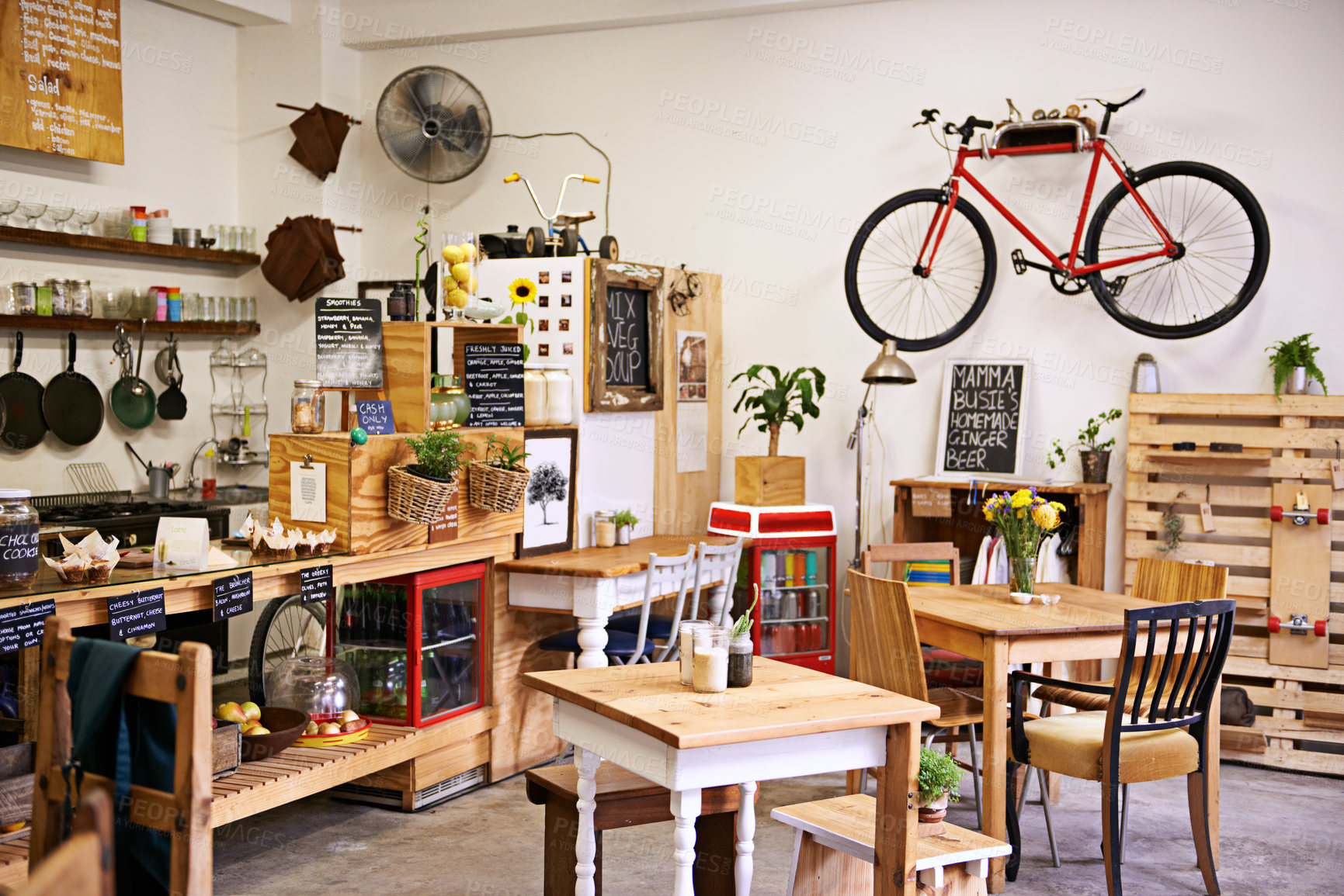 Buy stock photo Space, interior and empty coffee shop with table, chairs and furniture or small business, bistro and cafe with unique design and style. Background, creative startup and food store with bike on wall