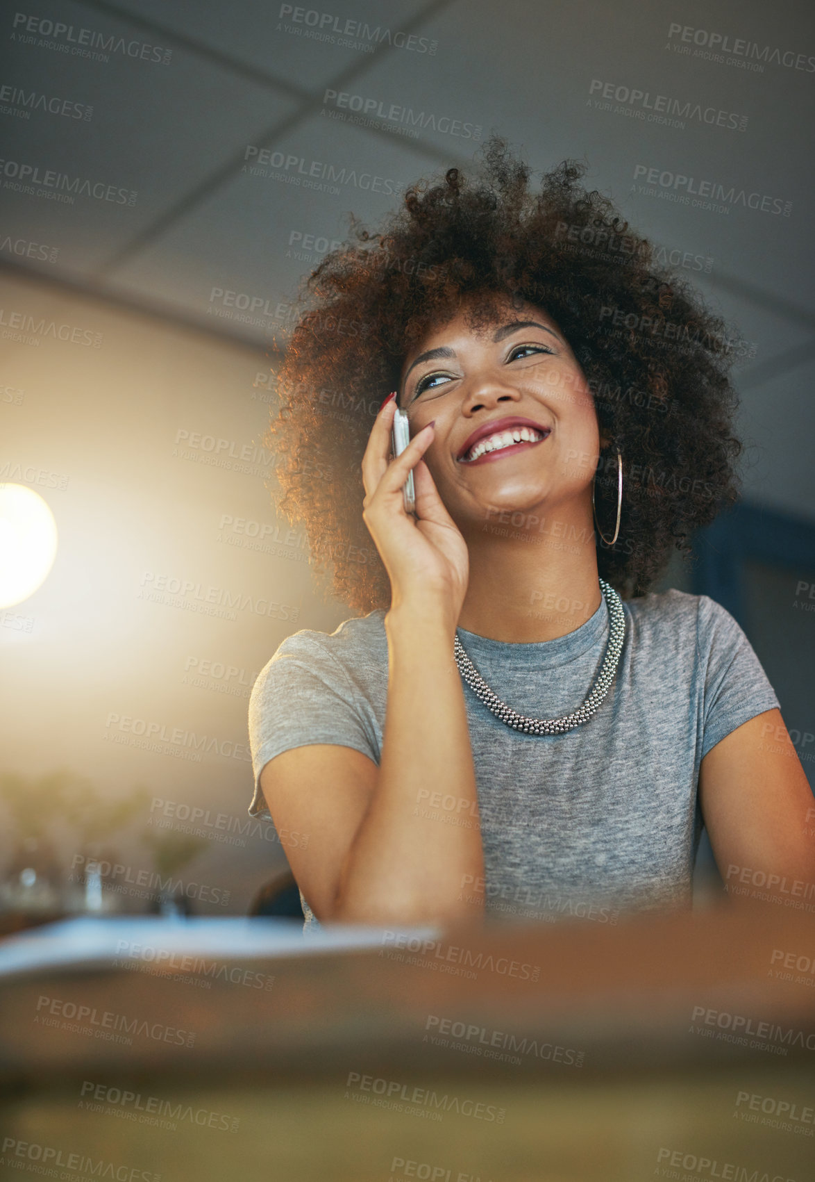 Buy stock photo Phone call, smile and woman in office at night for positive client feedback of business proposal. Technology, overtime and female financial advisor on mobile discussion for investment advice.